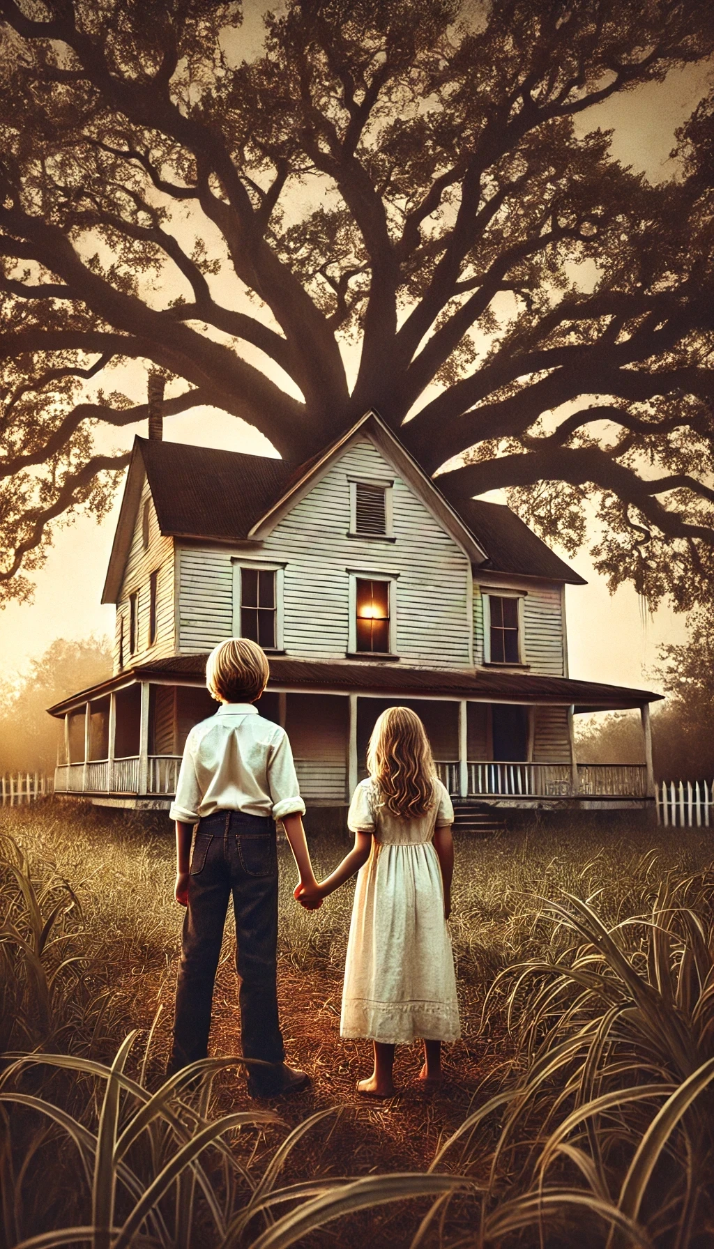 Evil Has Many Faces cover artwork: two children facing an old house beneath a sprawling oak tree
